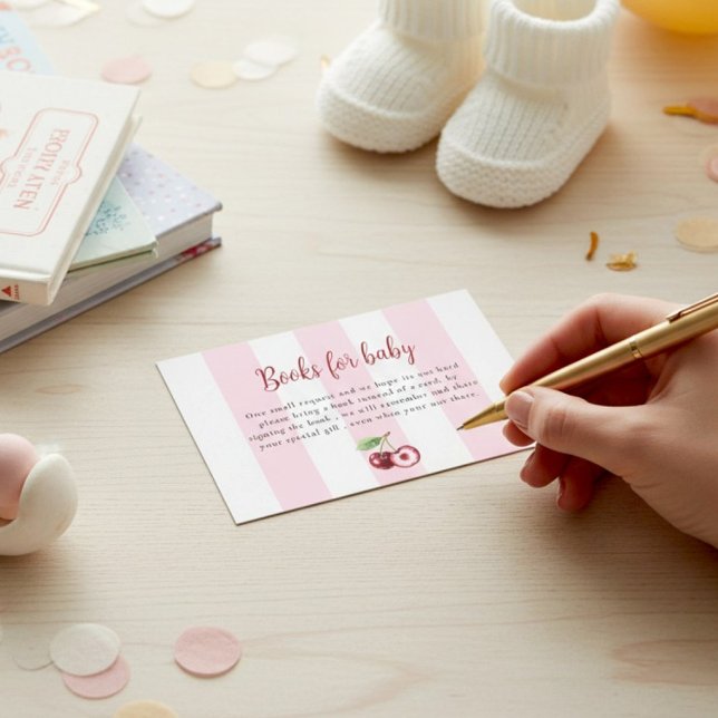 Pink Stripes Cherry Books for Baby Shower  Begleitkarte (Von Creator hochgeladen)