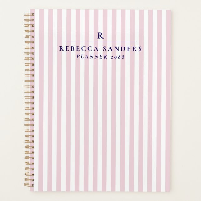 Pink Stripes, Elegant Monogrammed Planner Planer (Vorderseite)