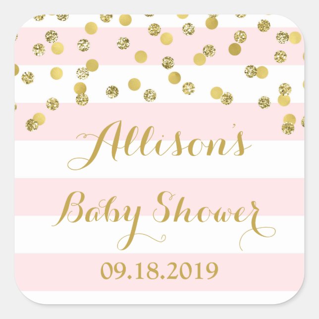 Pink Stripes Gold Confetti Babydusche Gefallen Tag Quadratischer Aufkleber (Vorderseite)