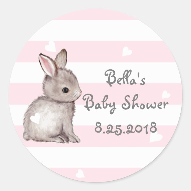 Pink Stripes Heart Bunny Baby Shower Stickers (Vorderseite)