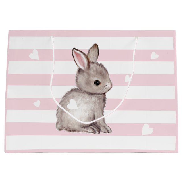 Pink Stripes Heart Grau Bunny Bunny Gift Bag Große Geschenktüte (Vorderseite)