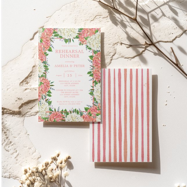 Pink Stripes Hydrangeas Hochzeitsessen Probe Einladung (Front / Back)