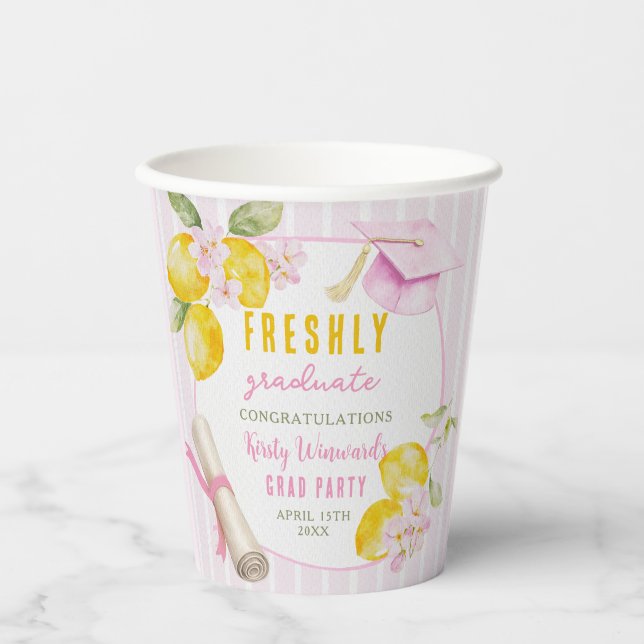 Pink Stripes Lemons and Flowers Grad Paper Cups Pappbecher (Vorderseite)