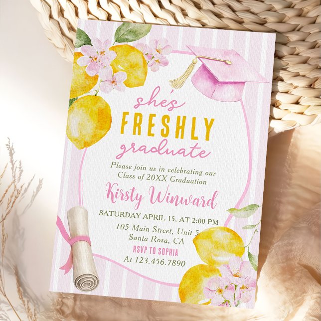 Pink Stripes Lemons and Flowers Graduation Einladung (Von Creator hochgeladen)