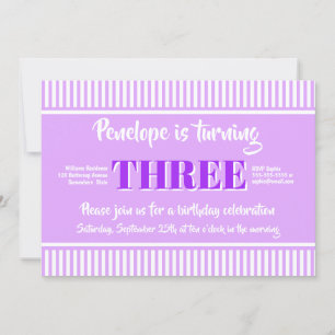 Pink Stripes Lila 3. Geburtstags-Party Einladung
