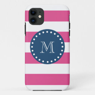 Pink Stripes Muster, Marine-Blau-Monogramm Case-Mate iPhone Hülle