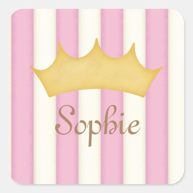 Pink Stripes Personalisiert Name Princess Crown Quadratischer Aufkleber (Vorderseite)