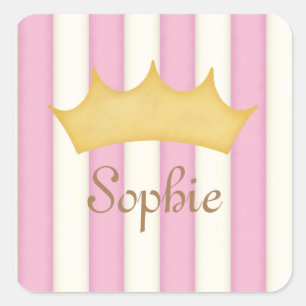 Pink Stripes Personalisiert Name Princess Crown Quadratischer Aufkleber