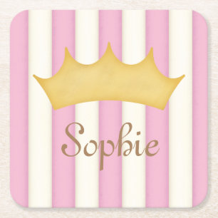 Pink Stripes Personalisiert Name Princess Crown Rechteckiger Pappuntersetzer