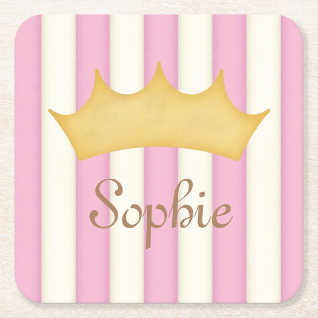 Pink Stripes Personalisiert Name Princess Crown Rechteckiger Pappuntersetzer (Vorderseite)