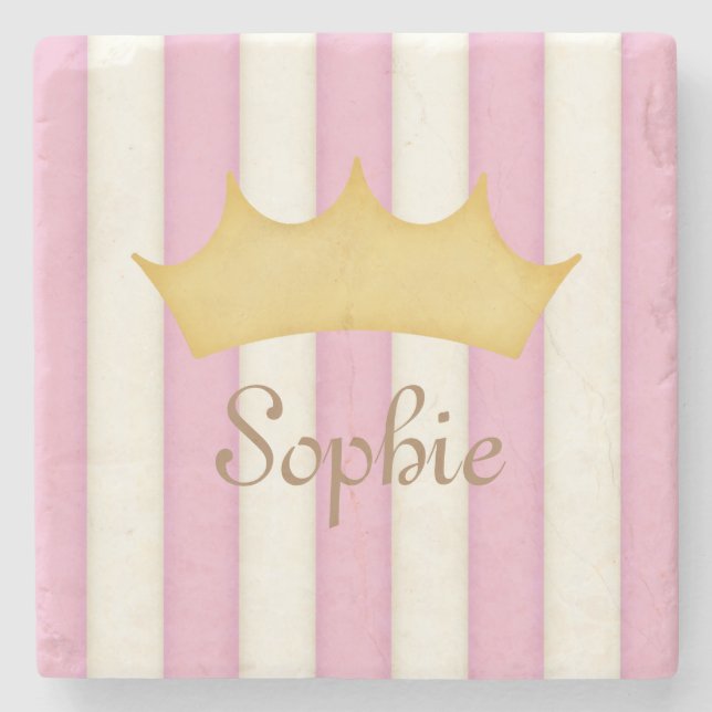Pink Stripes Personalisiert Name Princess Crown Steinuntersetzer (Vorderseite)