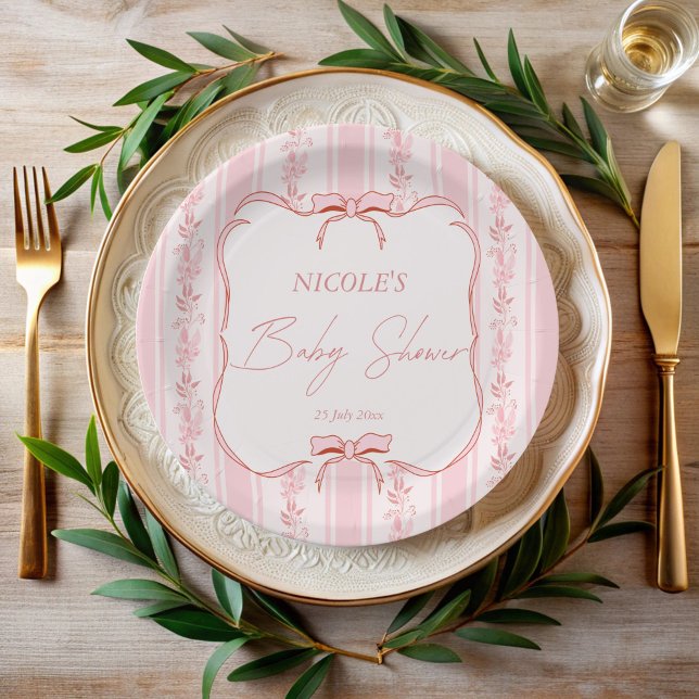 Pink stripes retro bow border elegant baby shower pappteller (Pink stripes retro bow wavy border elegant baby shower monogrammed paper plates personalized decor)