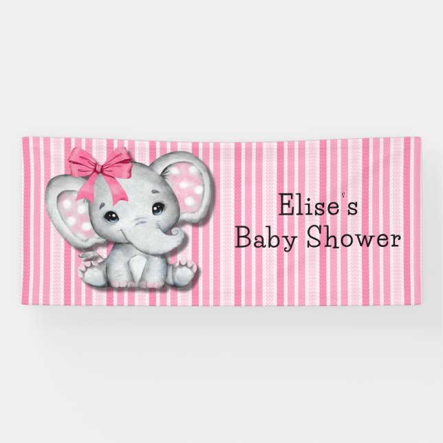 Pink Stripes Wasserfarbe Elefant Girl Babydusche Banner (Horizontal)