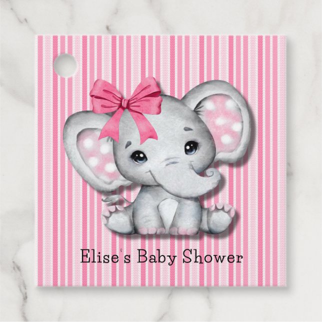 Pink Stripes Wasserfarbe Elefant Girl Babydusche Geschenkanhänger (Vorderseite)