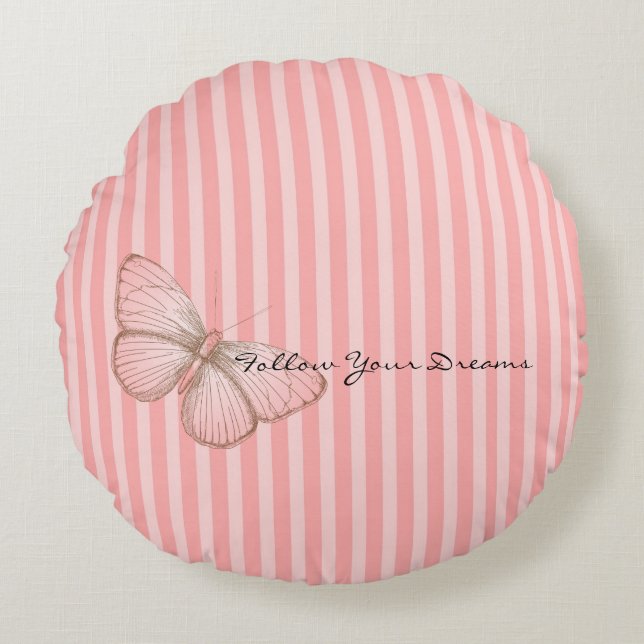 Pink Stripes with Butterfly Rundes Kissen (Vorderseite)
