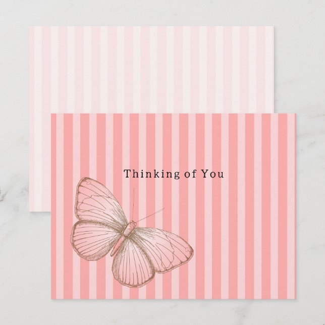 Pink Stripes with Butterfly Thinking of you Postkarte (Vorne/Hinten)