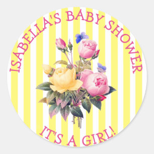 PInk Striping Floral Chic Baby Shower Sitckers Runder Aufkleber