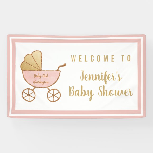 Pink Stroller Baby Girl Dusche Willkommen Banner (Horizontal)