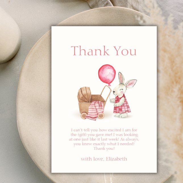 Pink Stroller Bunny Balloon Girl Babydusche Dankeskarte (Pink Stroller Bunny Balloon Girl Baby Shower Thank You Card)