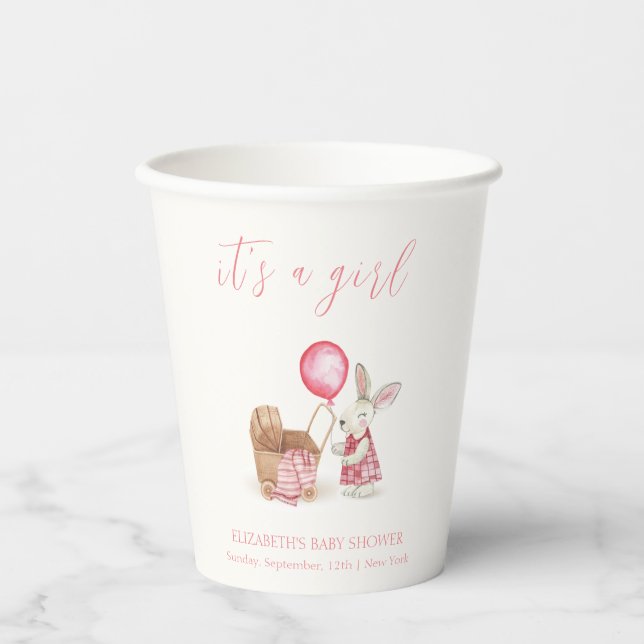 Pink Stroller Bunny Balloon Girl Babydusche Pappbecher (Vorderseite)