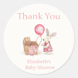 Pink Stroller Bunny Balloon Girl Babydusche Runder Aufkleber