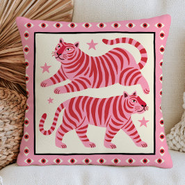 Pink Stylized Tigers with Red Stripes Quirky Fun Kissen