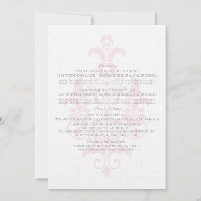 Pink Subtile Damask Information Card Einladung (Vorderseite)