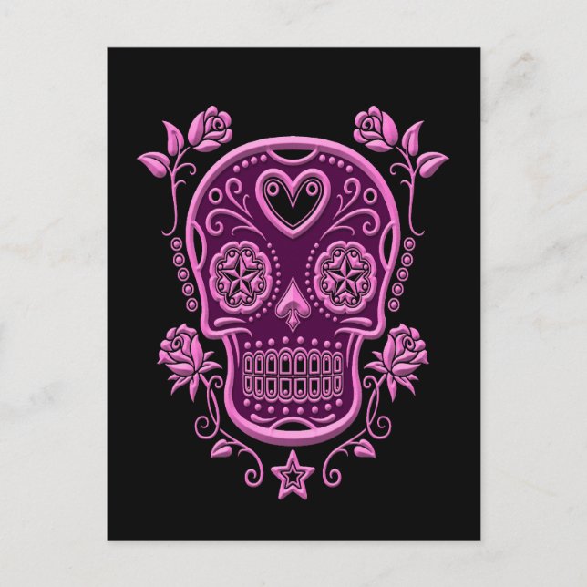 Pink Sugar Skull mit Rose auf schwarz Postkarte (Vorderseite)