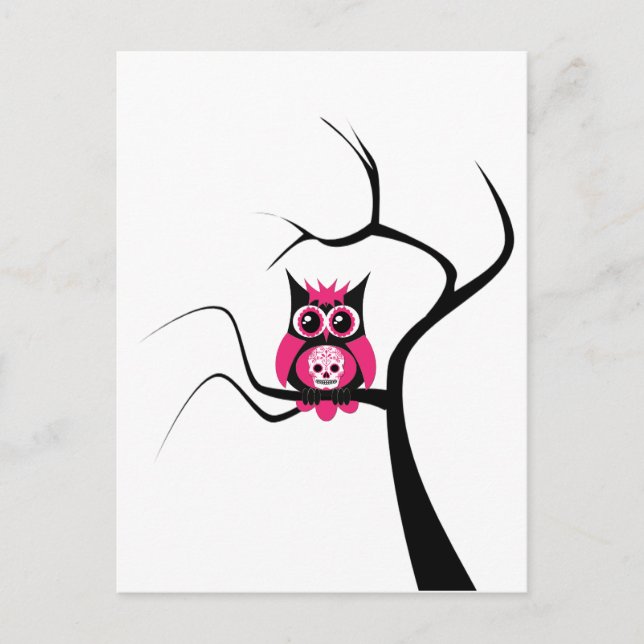 Pink Sugar Skull Owl in Tree Postcard Postkarte (Vorderseite)