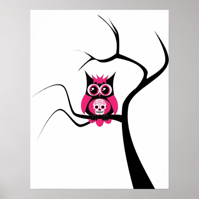 Pink Sugar Skull Owl in Tree Poster (Vorne)