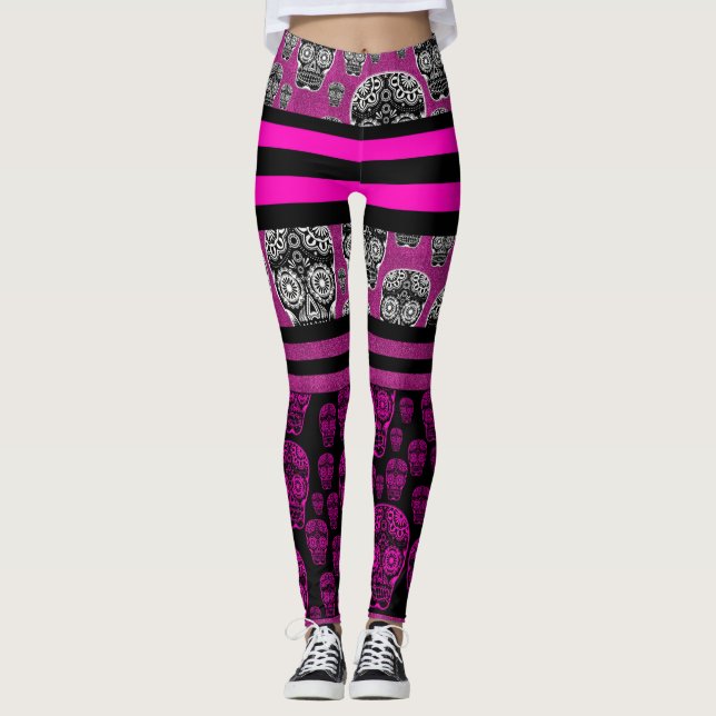 Pink Sugar Skull Stripte Leggings (Vorderseite)