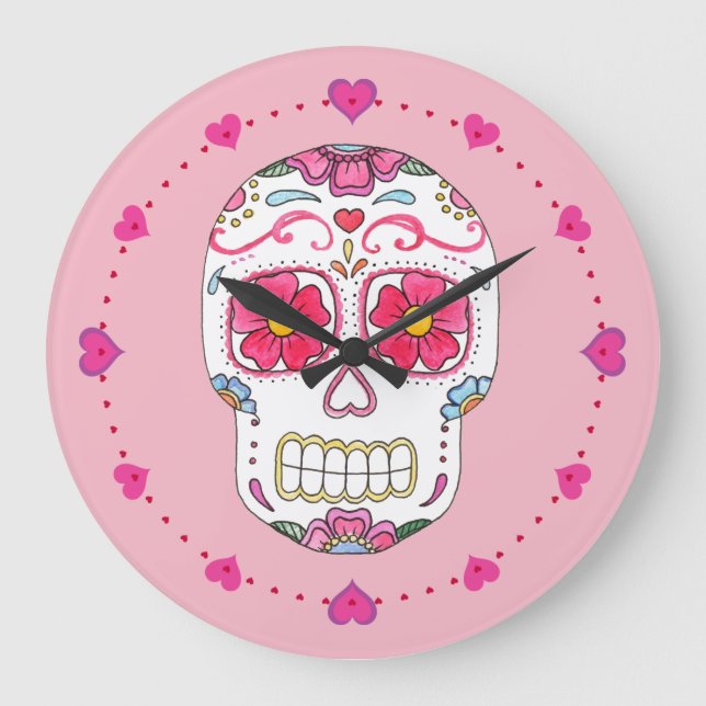 Pink Sugar Skull Wall Clock Große Wanduhr (Vorderseite)