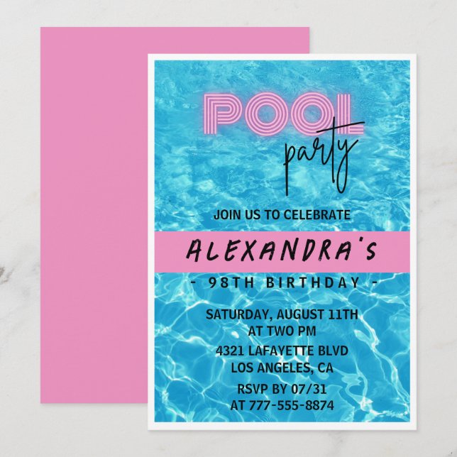 Pink Summer Pool Party 98. Geburtstag Einladung (Vorne/Hinten)