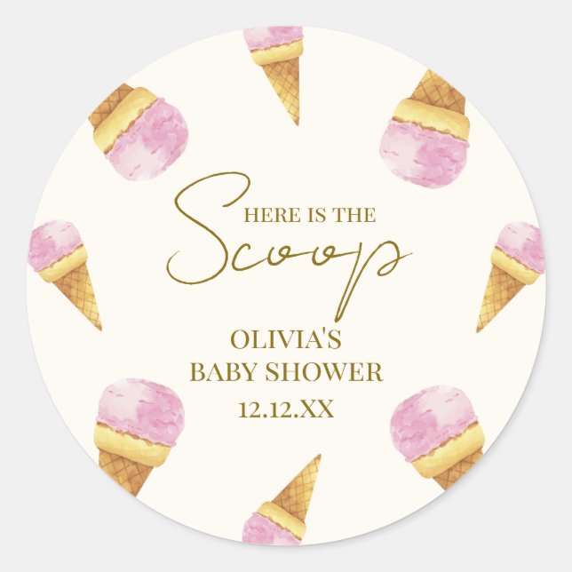 Pink Summer Scoop Ice Creme Frame Baby Dusche Runder Aufkleber (Vorderseite)