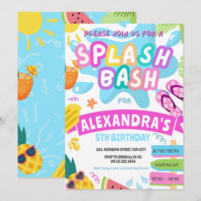 Pink Summer Splash Giro Splash Party Bash Water Pa Einladung (Vorne/Hinten)