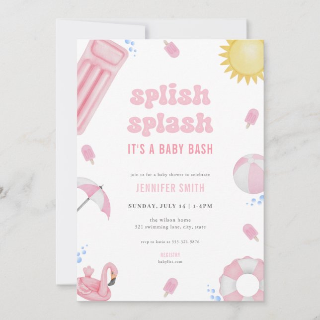 Pink Summer Splish Splash Baby Dusche Einladung (Vorderseite)