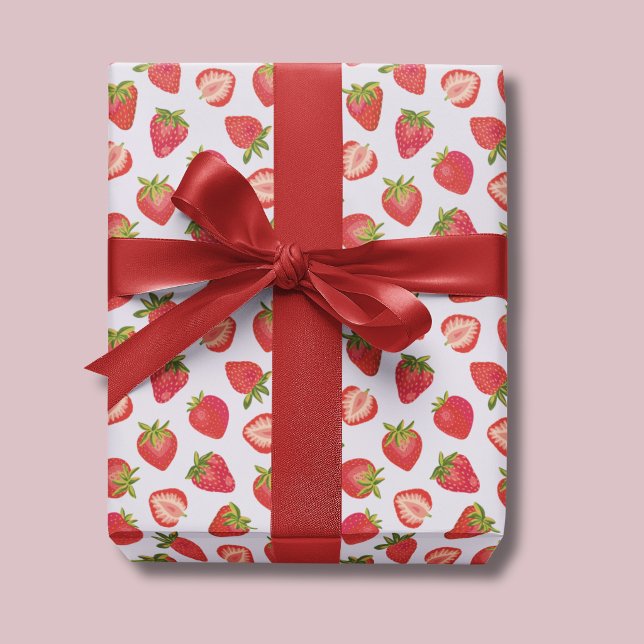 Pink Summer Strawberry Pattern Geschenkpapier (Cute strawberry summer fruit wrapping paper, ideal for birthdays gift wrap.)