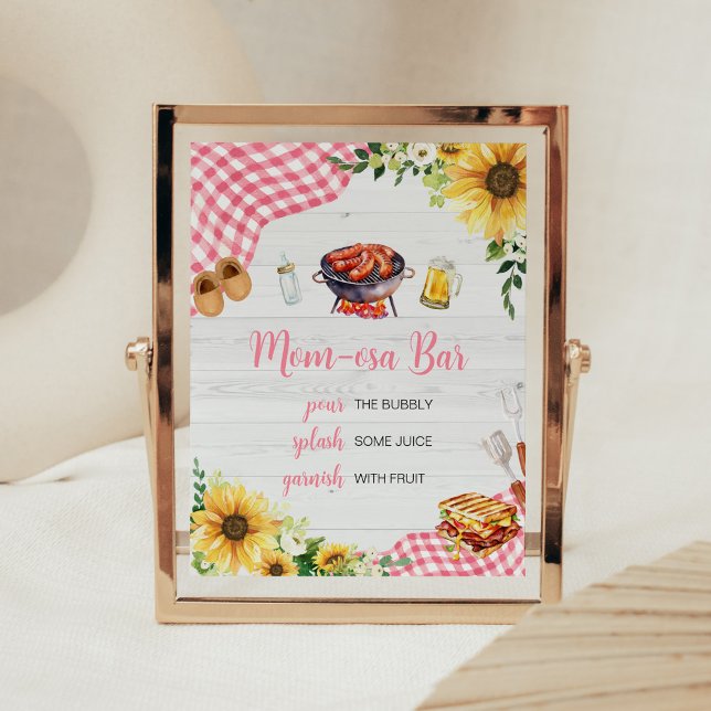 Pink Sunflower GRILLEN Baby Dusche Mama Osa Bar Poster (Baby- Q Backyard Baby Shower Mom Osa Bar Sign)