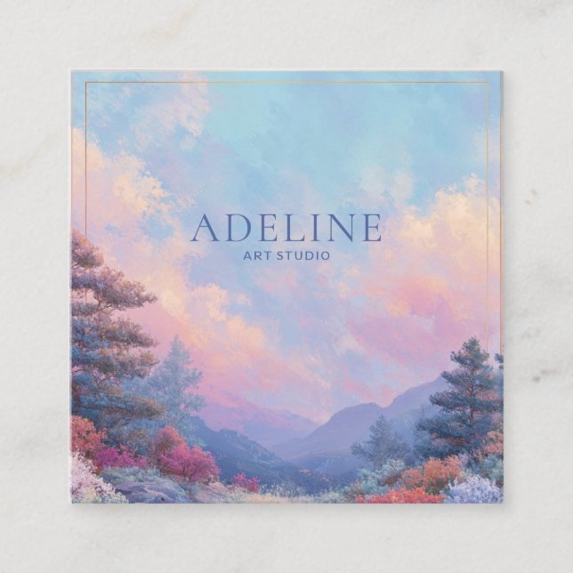 Pink Sunset Forest Gold Frame Vibrant Landscape Quadratische Visitenkarte (Vorderseite)