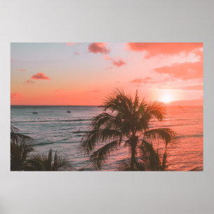 Pink Sunset Ocean Beach Palm Fotoster Poster