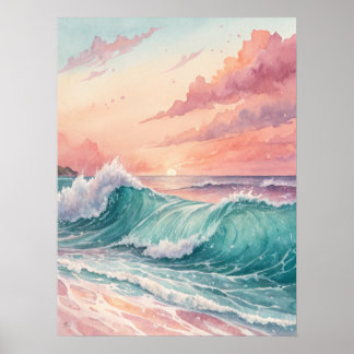 Pink Sunset Ocean Waves Poster