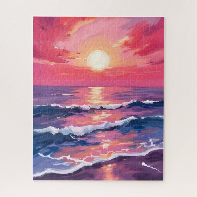 Pink Sunset Purple Ocean Waves Watercolor Puzzle (Vertikal)