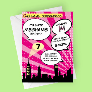 Pink Superheros Comic Buch Stilvoll Geburtstagspar Einladung