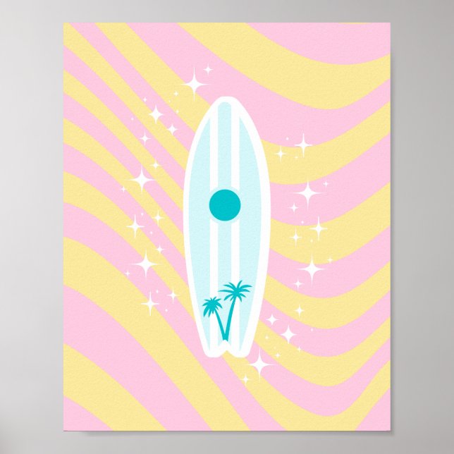 Pink Surfboard, Beach Art, Tropenmuscheln, Preppy Poster (Vorne)