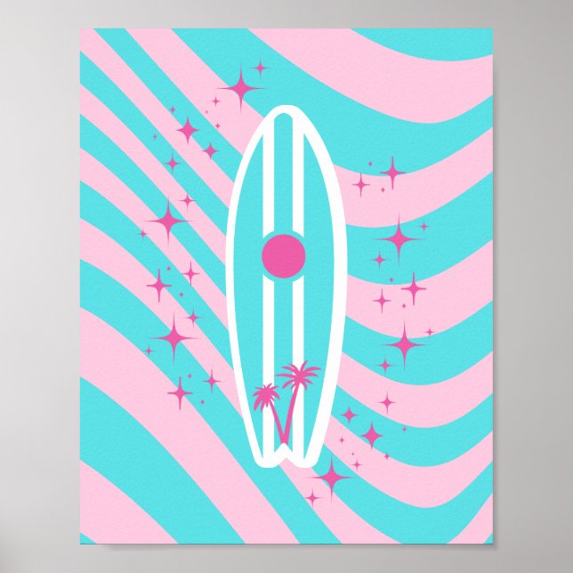 Pink Surfboard, Beach Art, Tropenmuscheln, Preppy Poster (Vorne)