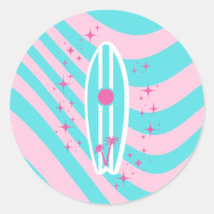 Pink Surfboard, Beach Art, Tropenmuscheln, Preppy Runder Aufkleber