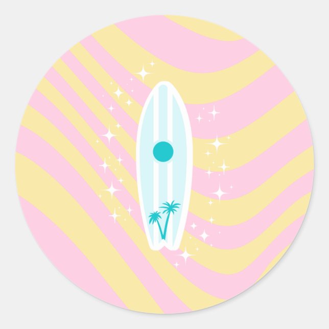 Pink Surfboard, Beach Art, Tropenmuscheln, Preppy Runder Aufkleber (Vorderseite)