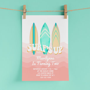 Pink Surfs Up Surfbrett 2. Geburtstag Einladung