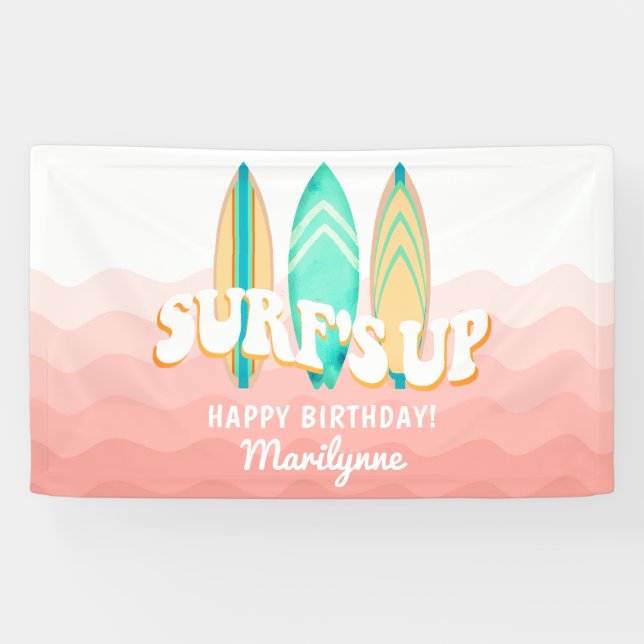 Pink Surft Hoch Surfbrett Geburtstag Banner (Horizontal)