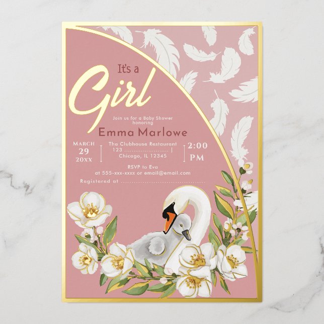 Pink Swan Baby Foil Einladung (Vorderseite)